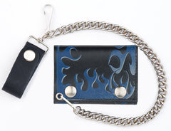 BLUE FLAMES TRIFOLD LEATHER WALLETS WITH CHAIN (Sold by the piece)