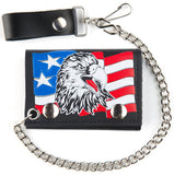 USA PATROIT EAGLE TRIFOLD LEATHER WALLETS WITH CHAIN (Sold by the piece)