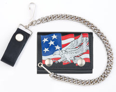 USA FLAG FLYING EAGLE TRIFOLD LEATHER WALLETS WITH CHAIN (Sold by the piece)
