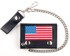 AMERICAN FLAG TRIFOLD LEATHER WALLETS WITH CHAIN (Sold by the piece)