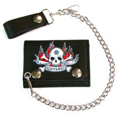 OUTLAW SKULL FLAMES TRIFOLD LEATHER WALLETS WITH CHAIN (Sold by the piece)