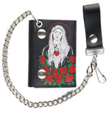 GUADALUPE MARY ROSES TRIFOLD LEATHER WALLETS WITH CHAIN (Sold by the piece)