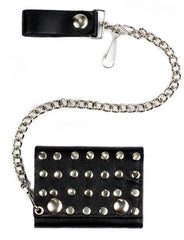 SILVER STUDDED TRIFOLD LEATHER WALLETS WITH CHAIN (Sold by the piece)