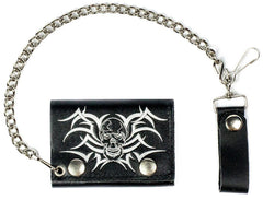 TRIBAL SKULL HEAD TRIFOLD LEATHER WALLETS WITH CHAIN (Sold by the piece)