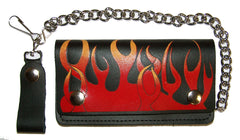 RED FLAMES 6 INCH BIKER / TRUCKER LEATHER WALLET WITH CHAIN (Sold by the piece)