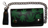 MULTIPLE POT LEAVES MARIJUANA  6 INCH BIKER / TRUCKER LEATHER WALLET WITH CHAIN (Sold by the piece)