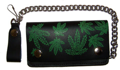 MULTIPLE POT LEAVES MARIJUANA  6 INCH BIKER / TRUCKER LEATHER WALLET WITH CHAIN (Sold by the piece)