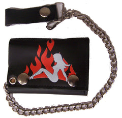 TRUCKER MUDFLAP GIRL RED FLAMES TRIFOLD LEATHER WALLETS WITH CHAIN (Sold by the piece)