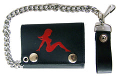 RED MUD FLAP TRUCKER GIRL TRIFOLD LEATHER WALLETS WITH CHAIN (Sold by the piece)