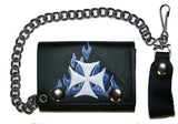 IRON CROSS BLUE FLAMES TRIFOLD LEATHER WALLETS WITH CHAIN (Sold by the piece)