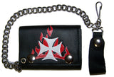 IRON CROSS RED FLAMES TRIFOLD LEATHER WALLETS WITH CHAIN (Sold by the piece)