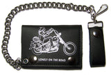 BIKER LONELY ON THE ROAD MOTORCYCLE TRIFOLD LEATHER WALLETS WITH CHAIN (Sold by the piece)