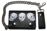 TRIPLE SKULL HEADS TRIFOLD LEATHER WALLETS WITH CHAIN (Sold by the piece)