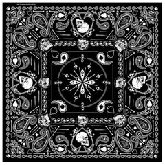 DELUXE BLACK WHITE SPADE PAISLEY SKULLS BANDANA (Sold by the piece or dozen) BANDANNA
