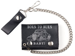 BORN TO BURN VINTAGE CAR TRIFOLD LEATHER WALLETS WITH CHAIN (Sold by the piece)