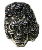 SKULL HEAD WITH ROSE HAIR BIKER RING  (Sold by the piece) **-  CLOSEOUT AS LOW AS $ 2.50 EA