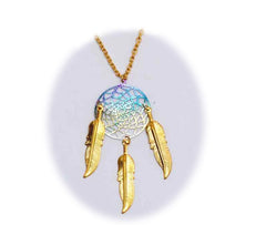 18 INCH METAL DREAM CATCHER GOLD RAINBOW NECKLACE WITH FEATHERS (SOLD BY THE PIECE)