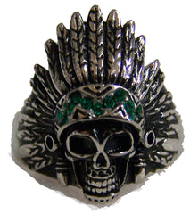 INDIAN CHEIF W GREEN BAND STAINLESS STEEL BIKER RING ( sold by the piece )