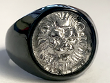 BLACK & SILVER KING LION FACE METAL BIKER RING (sold by the piece)