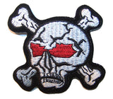 SKULL X BONE 3  INCH PATCH RED EYES (sold by the piece or dozen ) -* CLOSEOUT AS LOW AS .75 CENTS EA