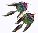 3 INCH METAL DREAM CATCHER RAINBOW with SILVER DANGLE EARRINGS WITH FEATHERS (SOLD BY THE PAIR)