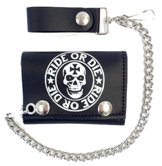 RIDE OR DIE SKULL HEAD TRIFOLD LEATHER WALLETS WITH CHAIN (Sold by the piece)