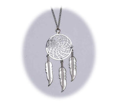 18 INCH METAL DREAM CATCHER SILVER NECKLACE WITH FEATHERS (SOLD BY THE PIECE)