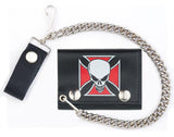 SKULL RED IRON CROSS TRIFOLD LEATHER WALLETS WITH CHAIN (Sold by the piece)