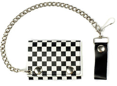 BLACK & WHITE CHECKERED TRIFOLD LEATHER WALLETS WITH CHAIN (Sold by the piece)