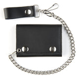 PLAIN BLACK TRIFOLD LEATHER WALLETS WITH CHAIN (Sold by the piece)