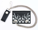 CHECKERED FLAG W FLAMES TRIFOLD LEATHER WALLETS WITH CHAIN (Sold by the piece)