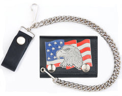 USA FLAG EAGLE HEAD TRIFOLD LEATHER WALLETS WITH CHAIN (Sold by the piece)