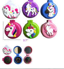 COMPACT RAINBOW UNICORN HAIR BRUSH WITH MIRROR (sold by the piece or dozen)