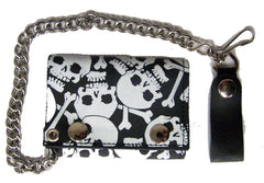 WHITE SKULL AND CROSS BONES TRIFOLD LEATHER WALLET WITH CHAIN (Sold by the piece)