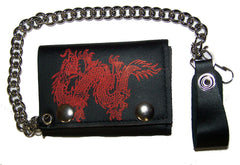RED CHINESE DRAGON TRIFOLD LEATHER WALLETS WITH CHAIN (Sold by the piece)