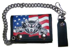 WOLF AMERICAN FLAG TRIFOLD LEATHER WALLETS WITH CHAIN (Sold by the piece)